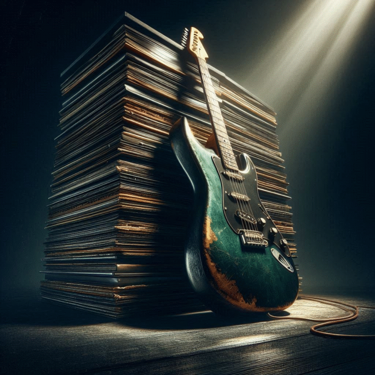 Uma guitarra modelo strato na cor verde, cheia de marcas de uso, apoiada sobre uma pilha de vinis